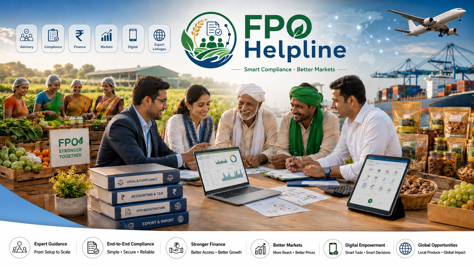 FPO Helpline farmers and professionals discussing compliance, finance and market linkage with export logistics background